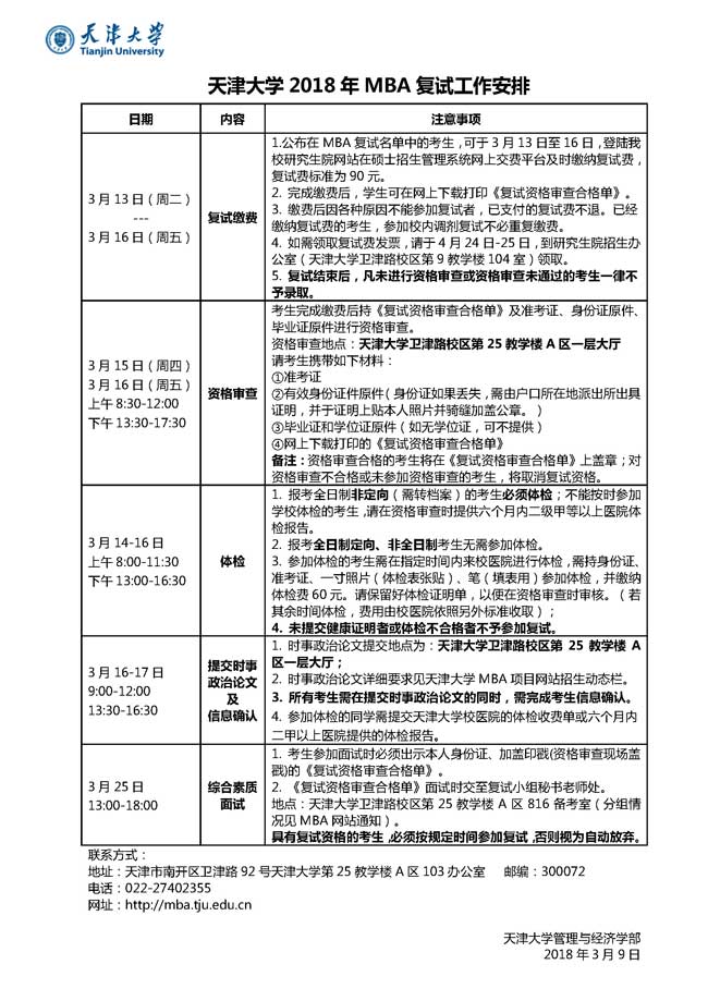 天津大學2018年工商管理碩士(MBA)復試辦法